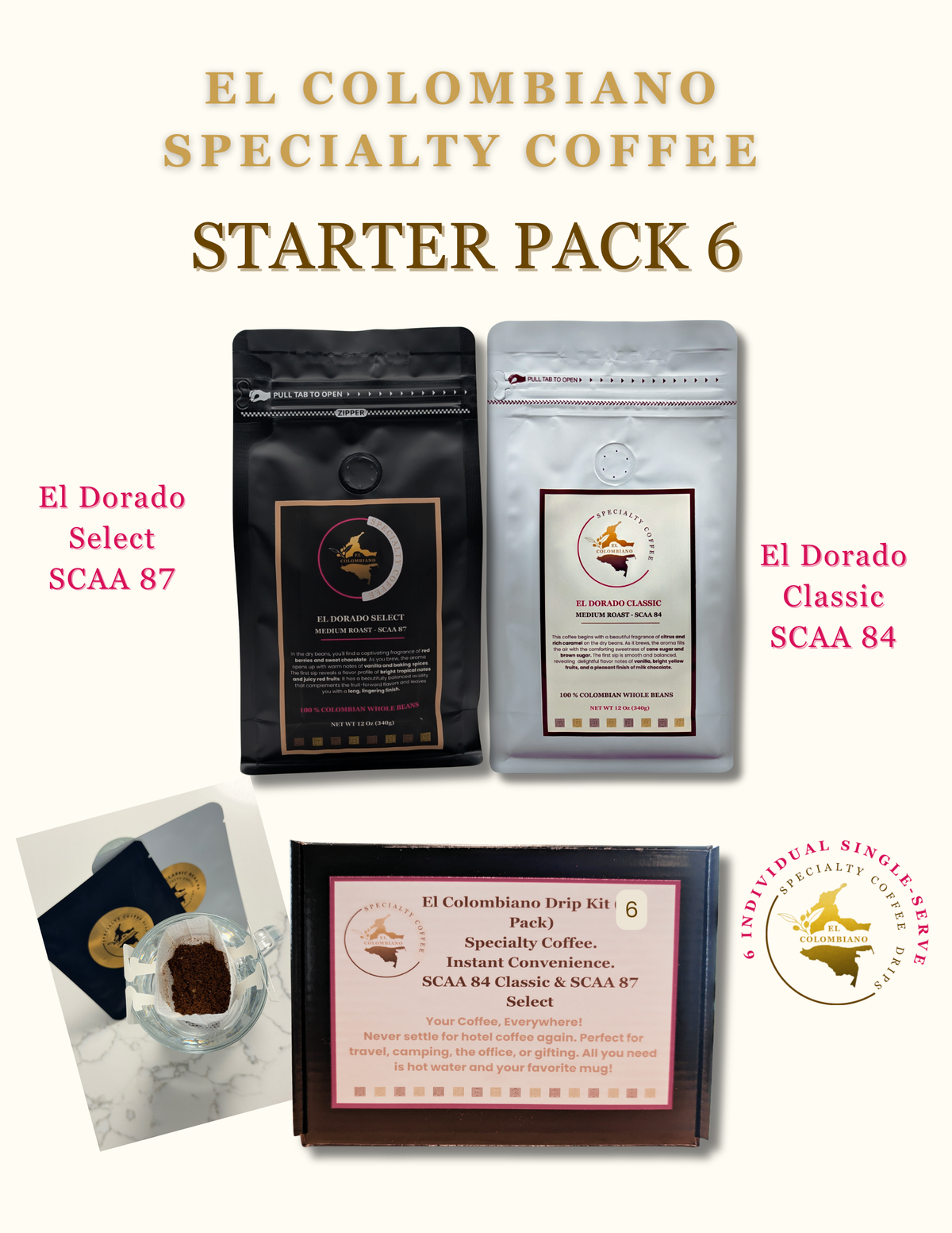 The El Colombiano Starter Pack: SCAA 84 & 87 Whole Bean Bundle with 6 Coffee Drips