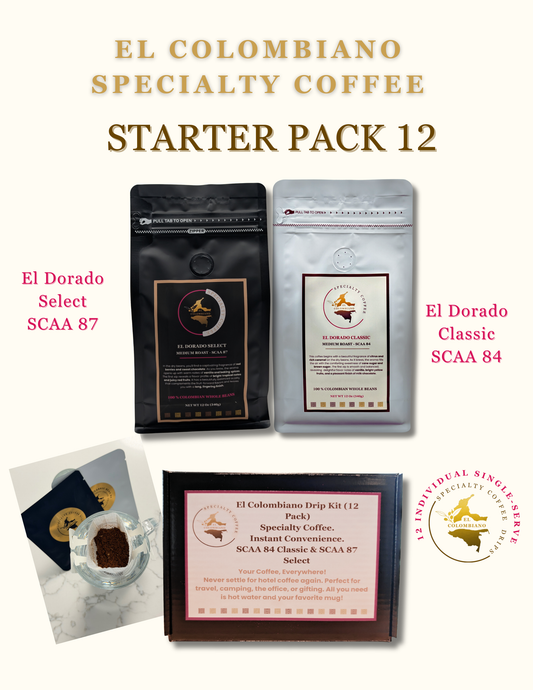 The El Colombiano Starter Pack: SCAA 84 & 87 Whole Bean Bundle with 12 Coffee Drips
